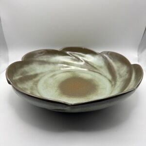 Frankoma Pottery Serving Bowl 218 11" Prairie Green Brown Swirl Scalloped VTG